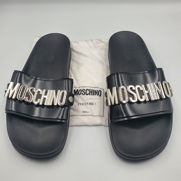 Size 10 Men\'s Moschino Couture Pool Slides Pvc Silver Lettering Black *WORN ONCE main image 5